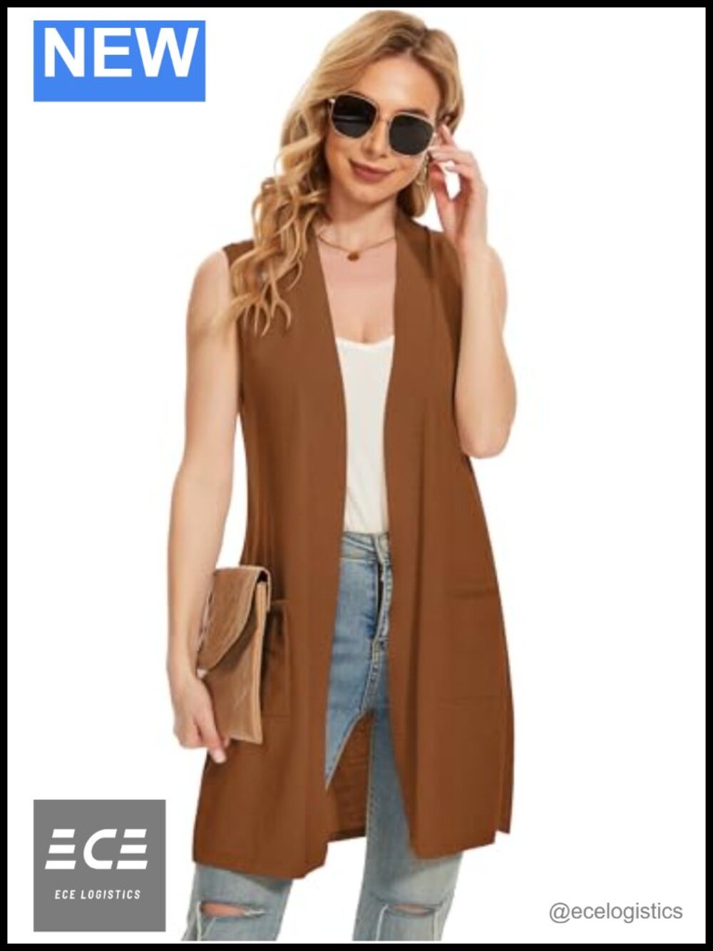 Sleeveless Ribbed Knit Open Front Vest Cardigan with Pockets Lightweight
